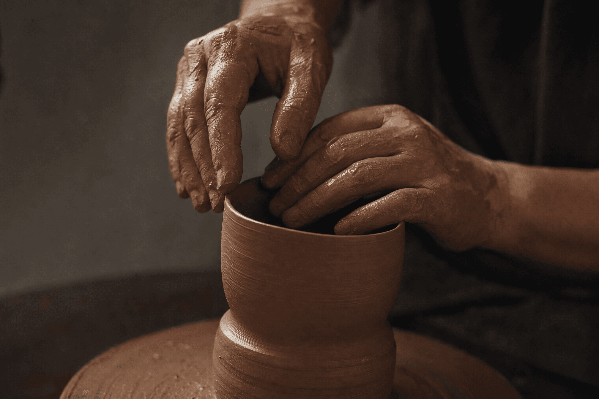 Clay-covered hands shaping a vessel on the wheel